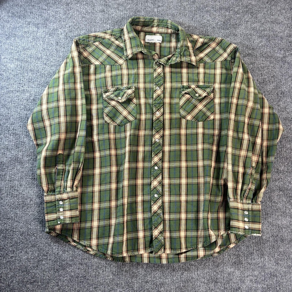 Wrangler Shirt Mens Large Green Plaid Flannel Pearl Snap Western‎ Long Sleeve